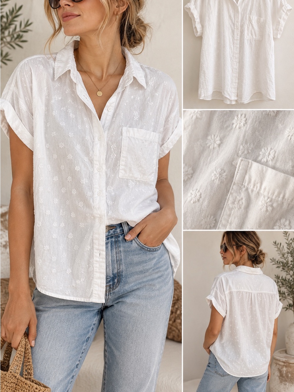 Cloth & Stone for Anthropologie White Textured Button Down Shirt Size L
